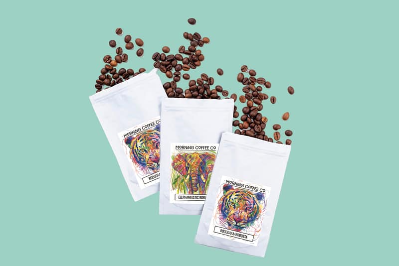 Kaffeetüten mit 100 % Robusta-Bohnen der Morning Coffee Company – nachhaltig, kräftig, fair.